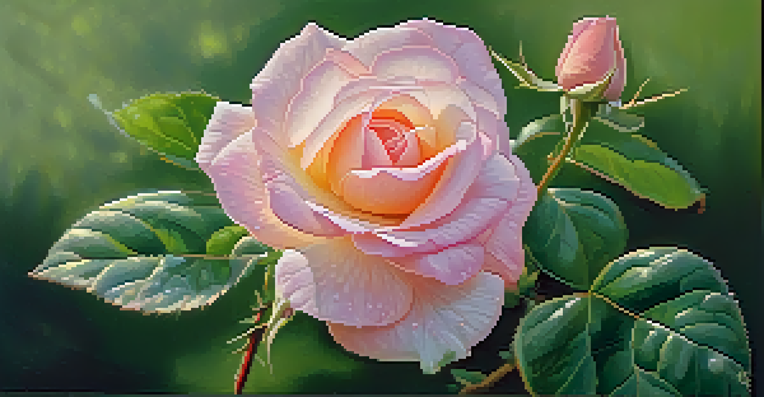 A close-up of a dew-covered pink rose with soft green leaves in the background.