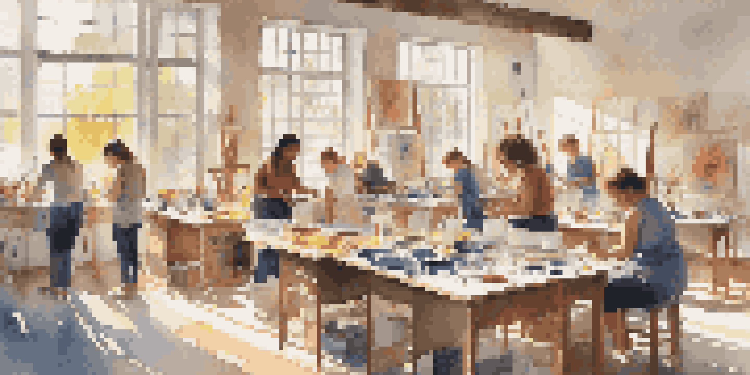 A diverse group of individuals in a sunlit art studio, painting on canvases with various colors and art supplies around them.