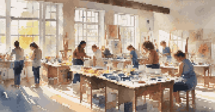 A diverse group of individuals in a sunlit art studio, painting on canvases with various colors and art supplies around them.