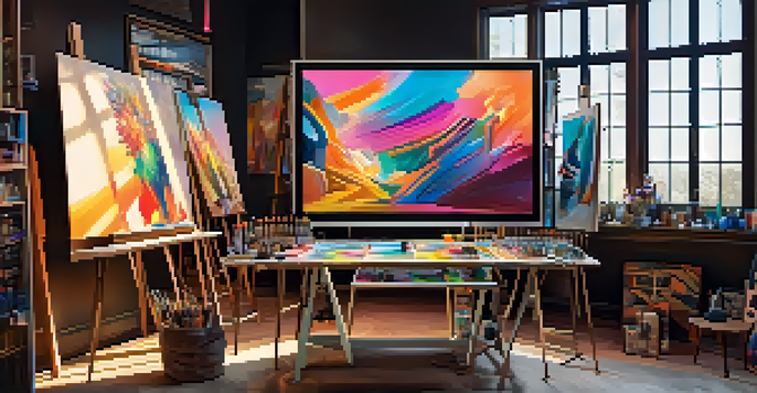 A digital art studio with colorful tools and glowing screens, showcasing a half-finished abstract painting under warm lighting.