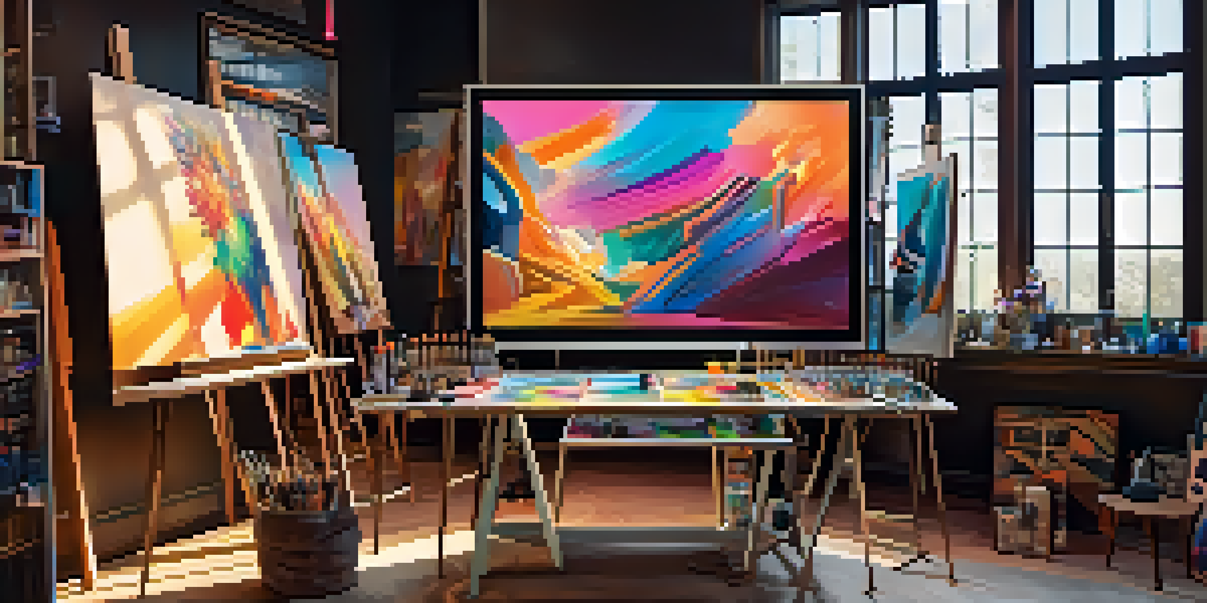 A digital art studio with colorful tools and glowing screens, showcasing a half-finished abstract painting under warm lighting.