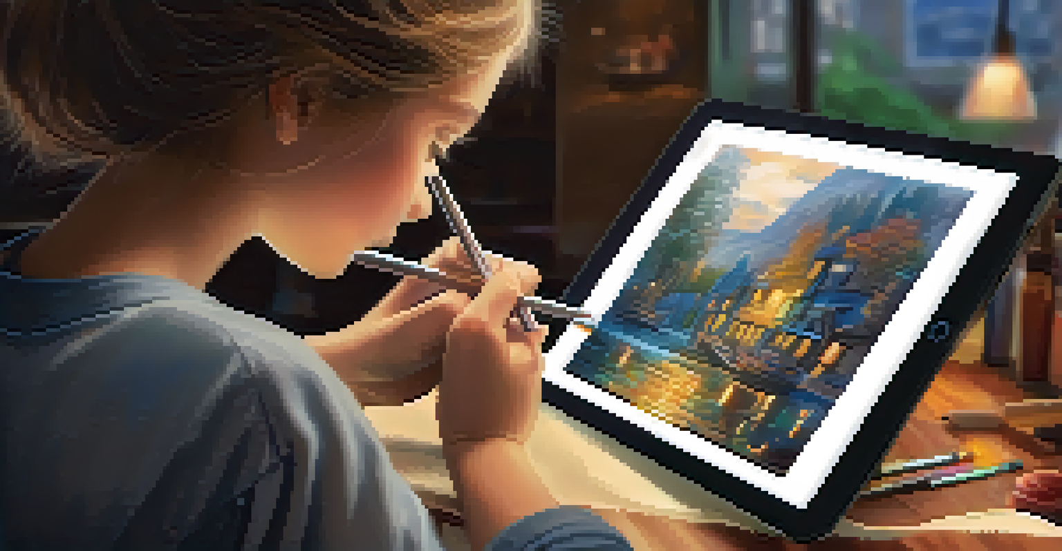 A close-up of a digital tablet showing an illustration being created, with a young artist's hands using a stylus.