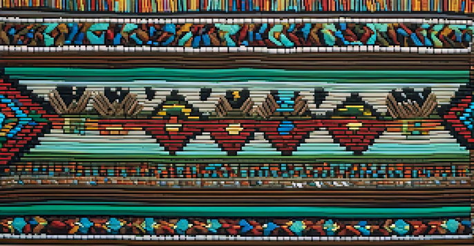 An intricate Native American beadwork piece showcasing patterns representing nature, displayed on a wooden table with natural lighting.