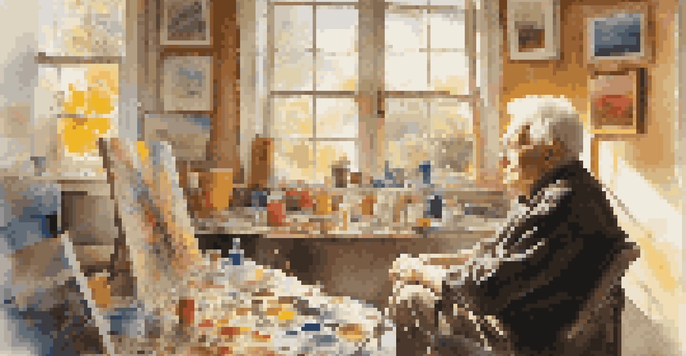 An elderly artist working in a sunlit studio filled with colorful artwork and art supplies.