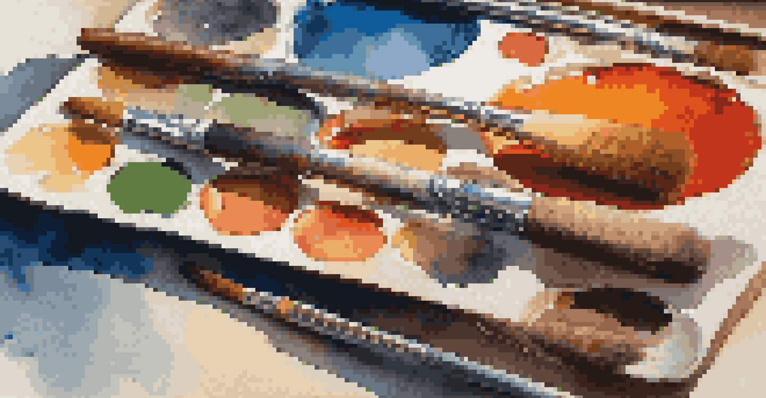 A close-up view of a painter's palette with thick, vibrant colors and brushes, illuminated by natural light.