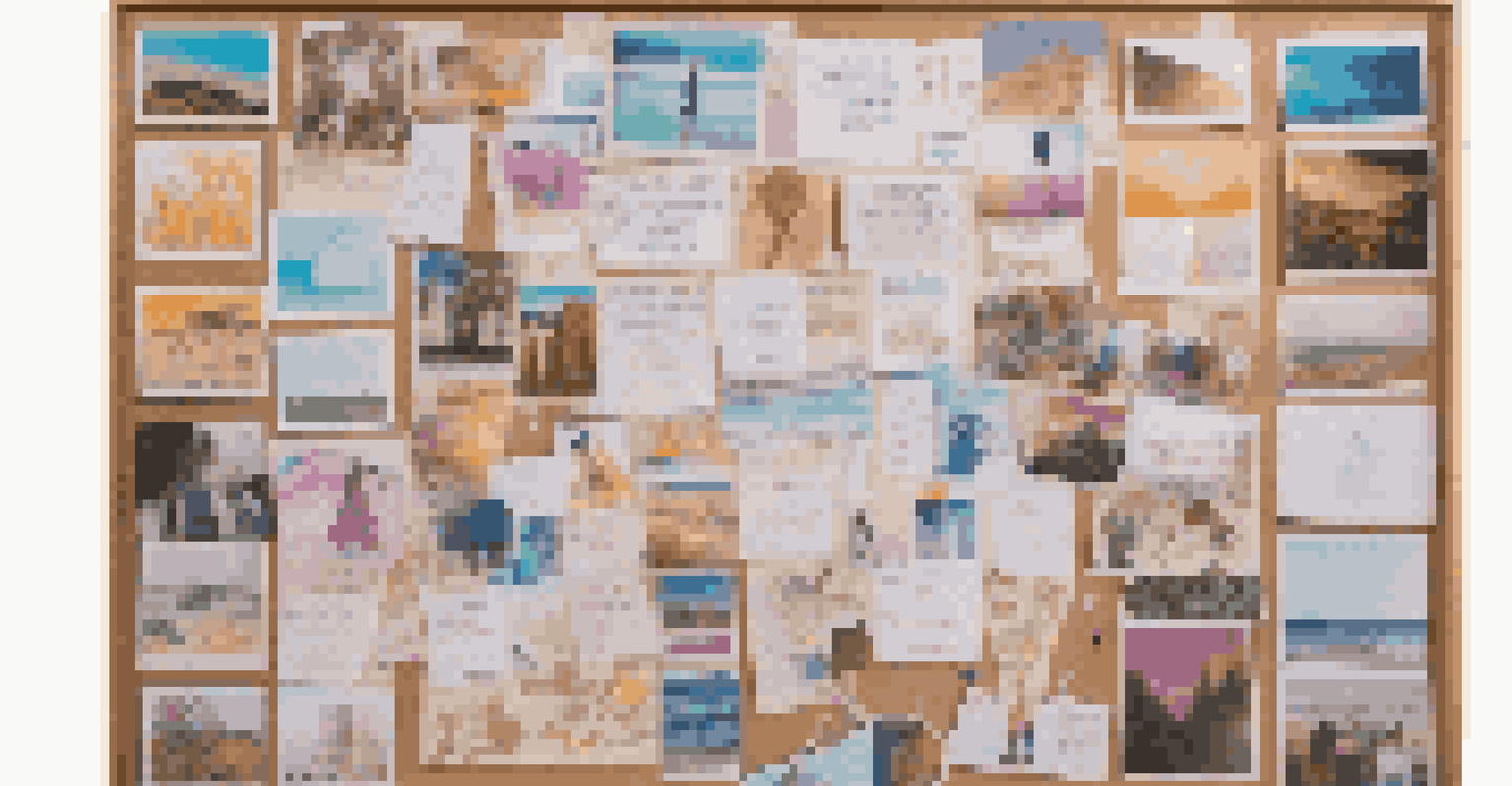 A vibrant vision board with cut-out images and words representing dreams, surrounded by art supplies in a well-lit room.