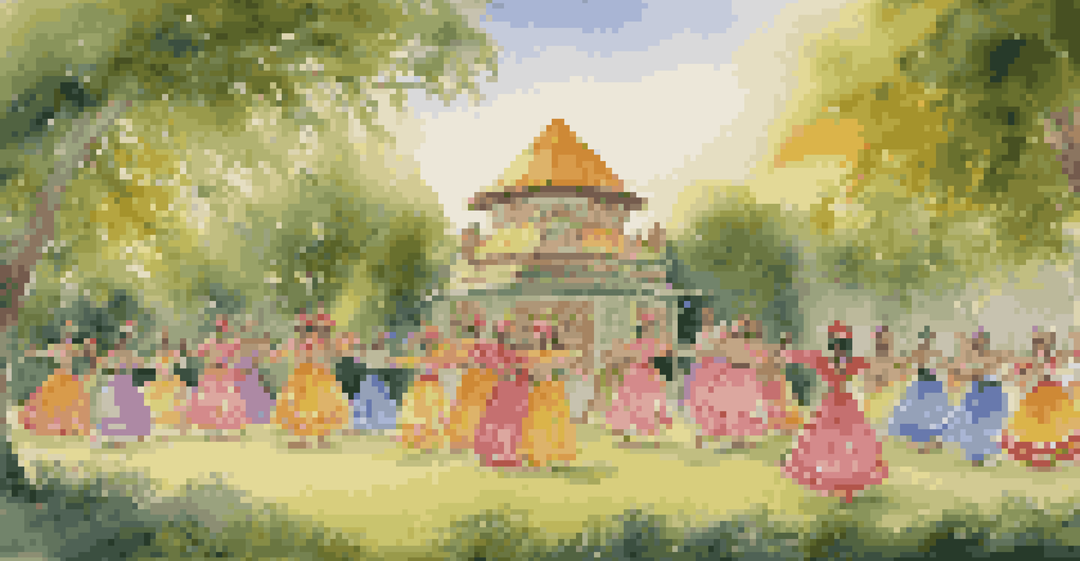 A traditional dance performance in a green park during evening light, with dancers in colorful costumes and joyful expressions.