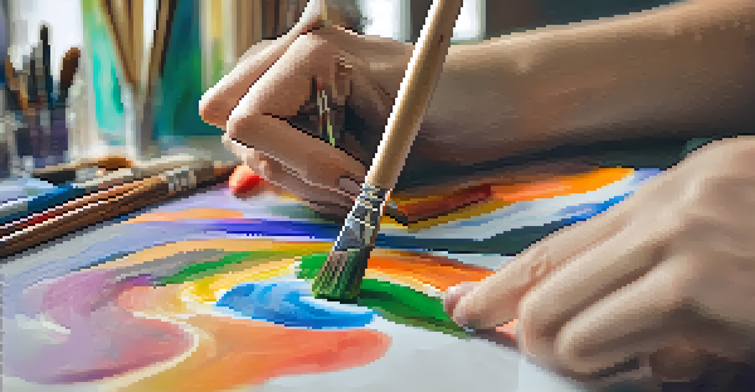 A close-up of hands using sign language while holding a paintbrush, with a colorful painting in the background.