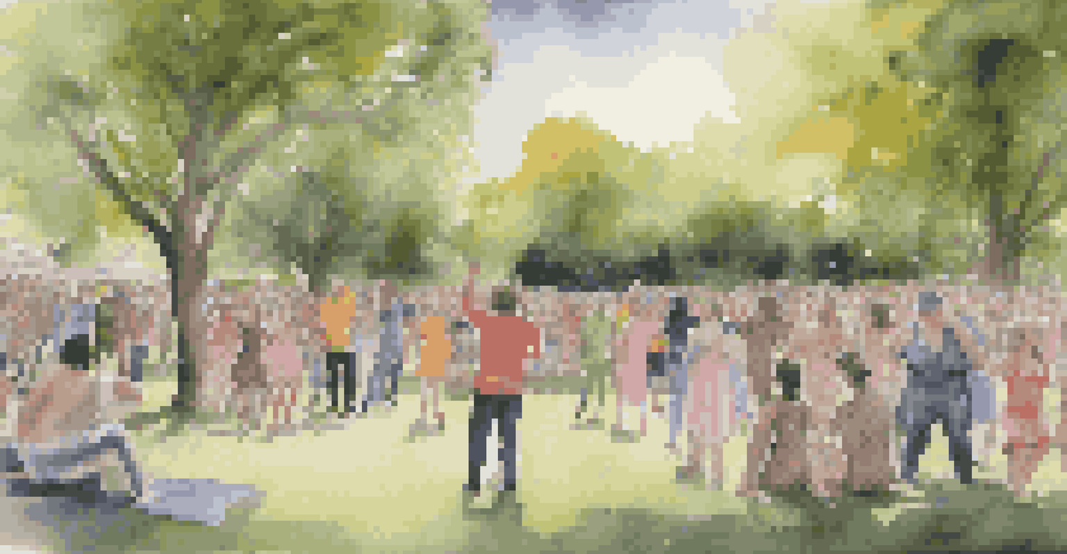 An artist performing in a park, using their body to express struggles of marginalized identities, with an engaged audience and vibrant colors in the costume.