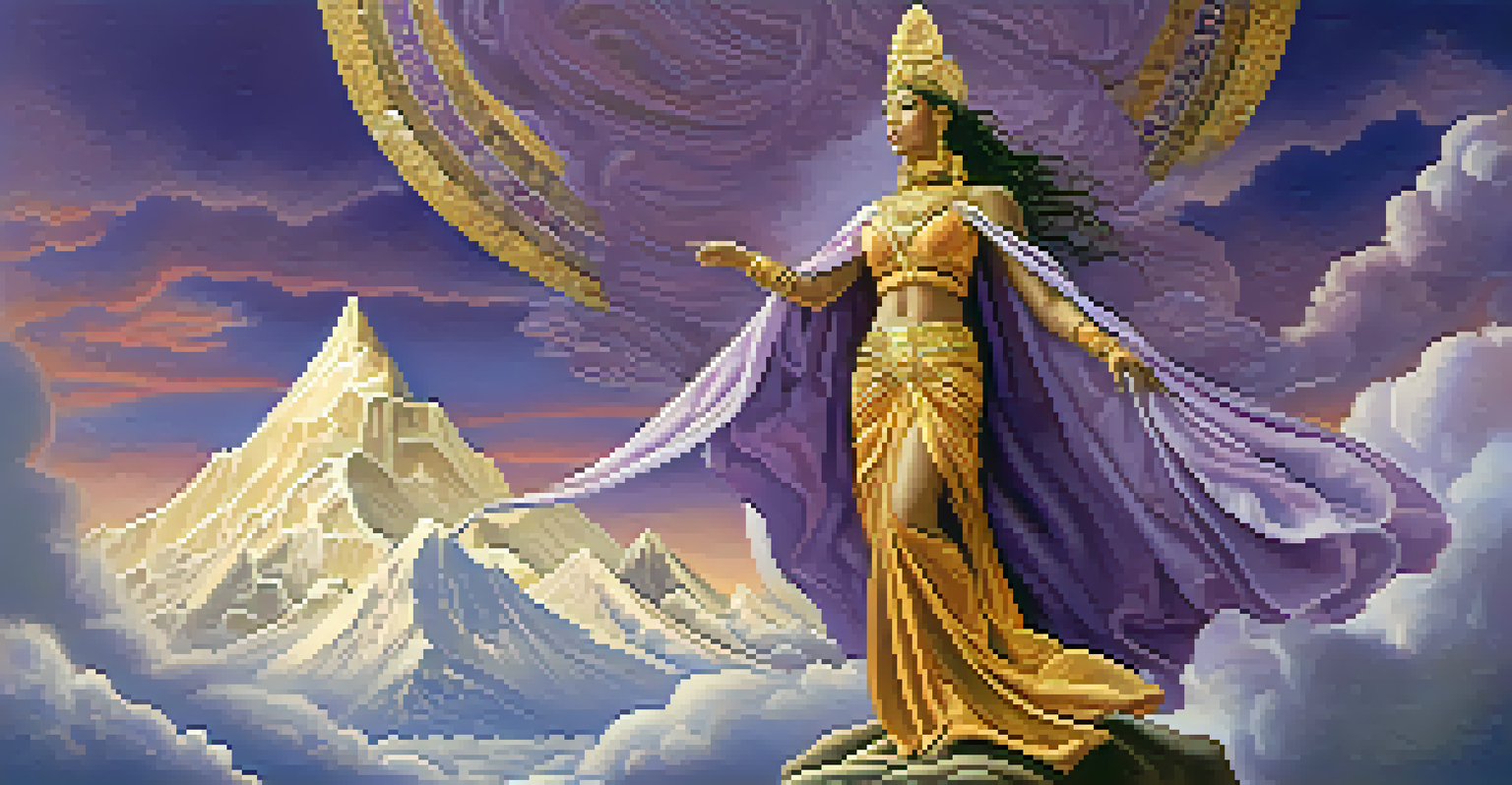 A powerful goddess depicted on a mountain peak, surrounded by clouds and wearing intricate jewelry, symbolizing strength.