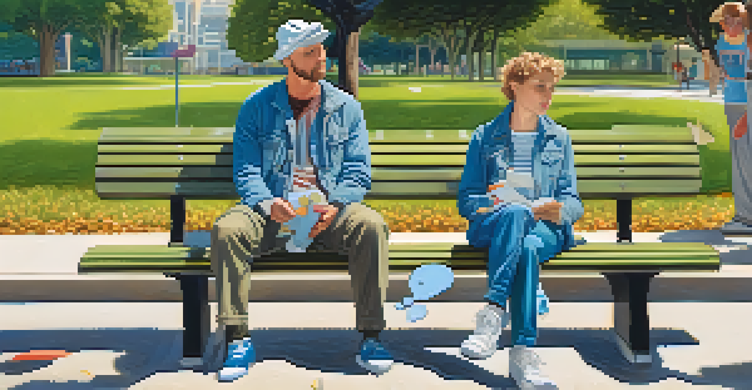 A comic scene with a character on a park bench contemplating identity, surrounded by whimsical thought bubbles.