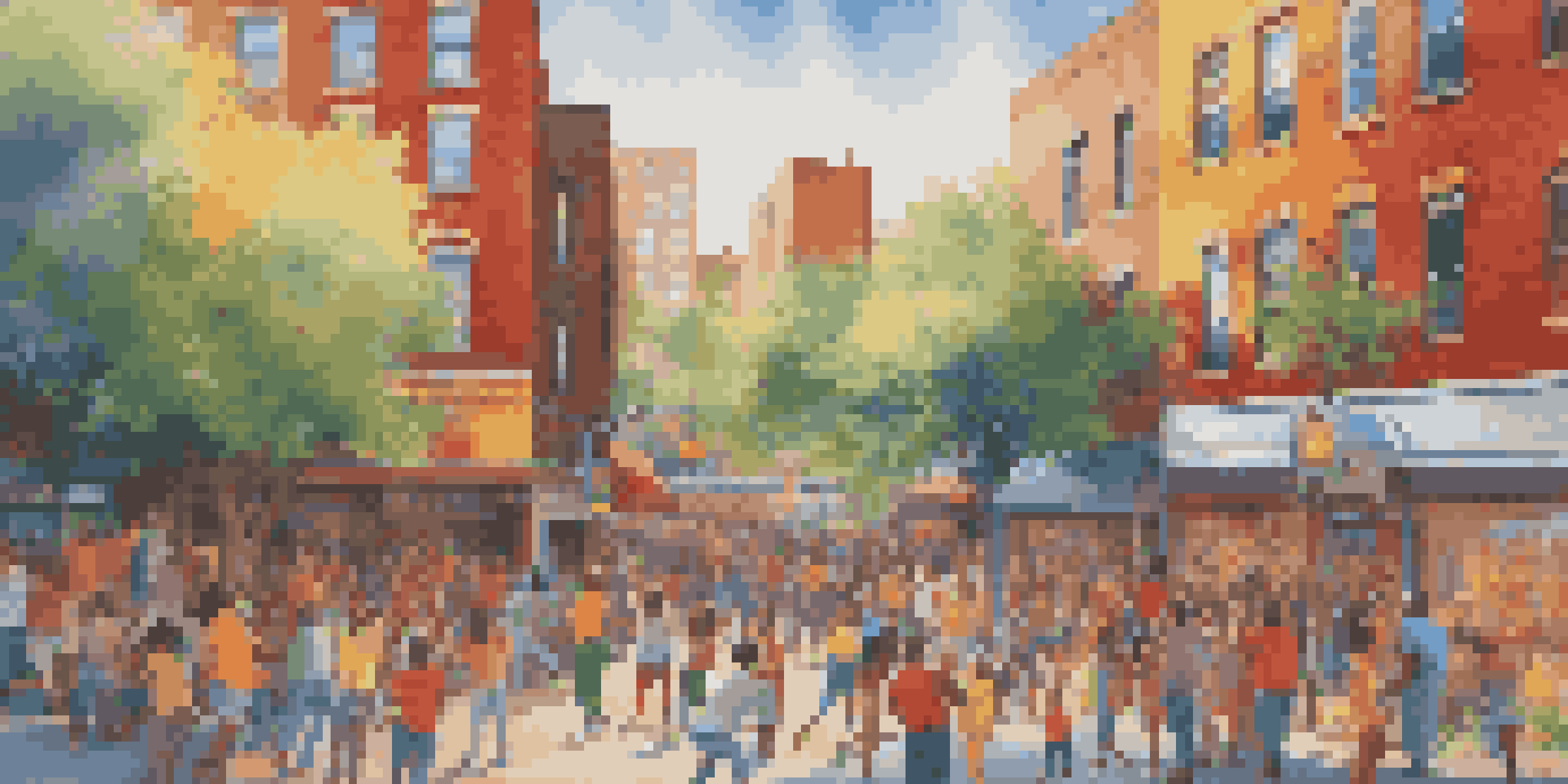 A colorful mural on a brick wall illustrating a diverse community engaging in cultural activities under sunlight.