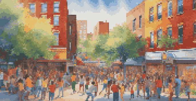 A colorful mural on a brick wall illustrating a diverse community engaging in cultural activities under sunlight.