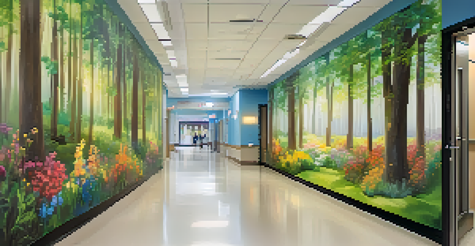 A tranquil mural of a forest landscape in a hospital corridor, with patients and visitors admiring the artwork.