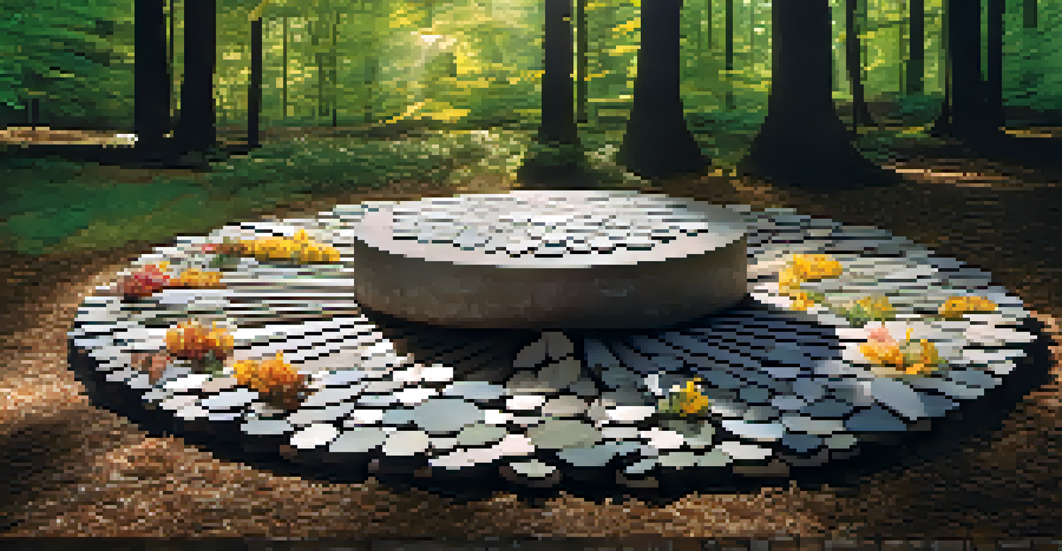 A circular arrangement of natural materials in a forest clearing, illustrating the cycle of nature with sunlight filtering through the trees.