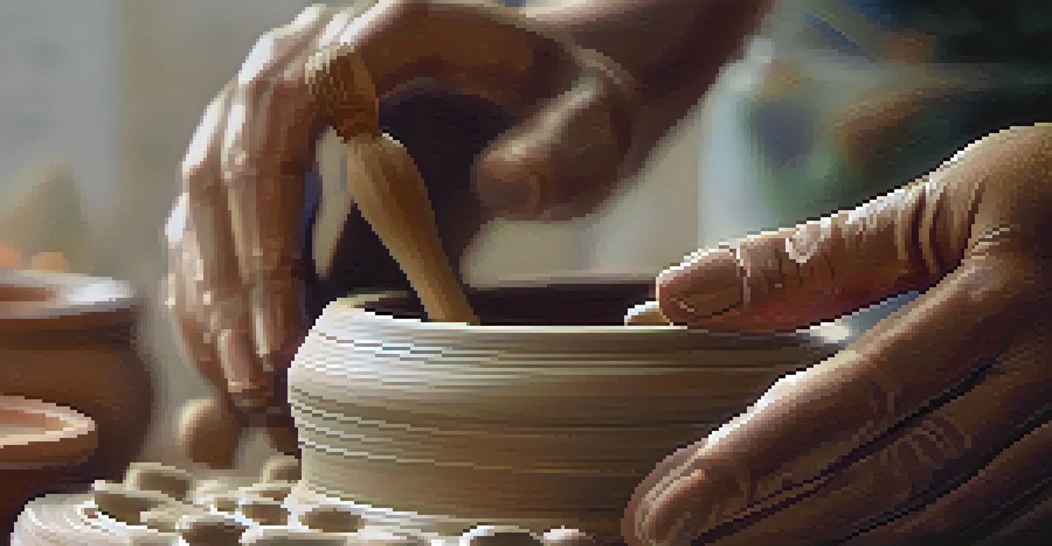 Close-up of hands molding clay on a pottery wheel, with art supplies in the background, showcasing the creative process.