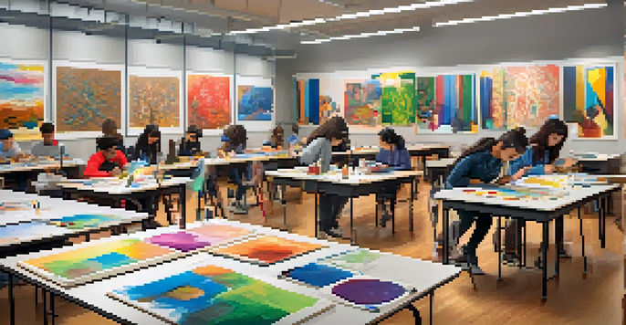 A lively art classroom with students of different backgrounds engaged in creative projects, surrounded by colorful artworks.