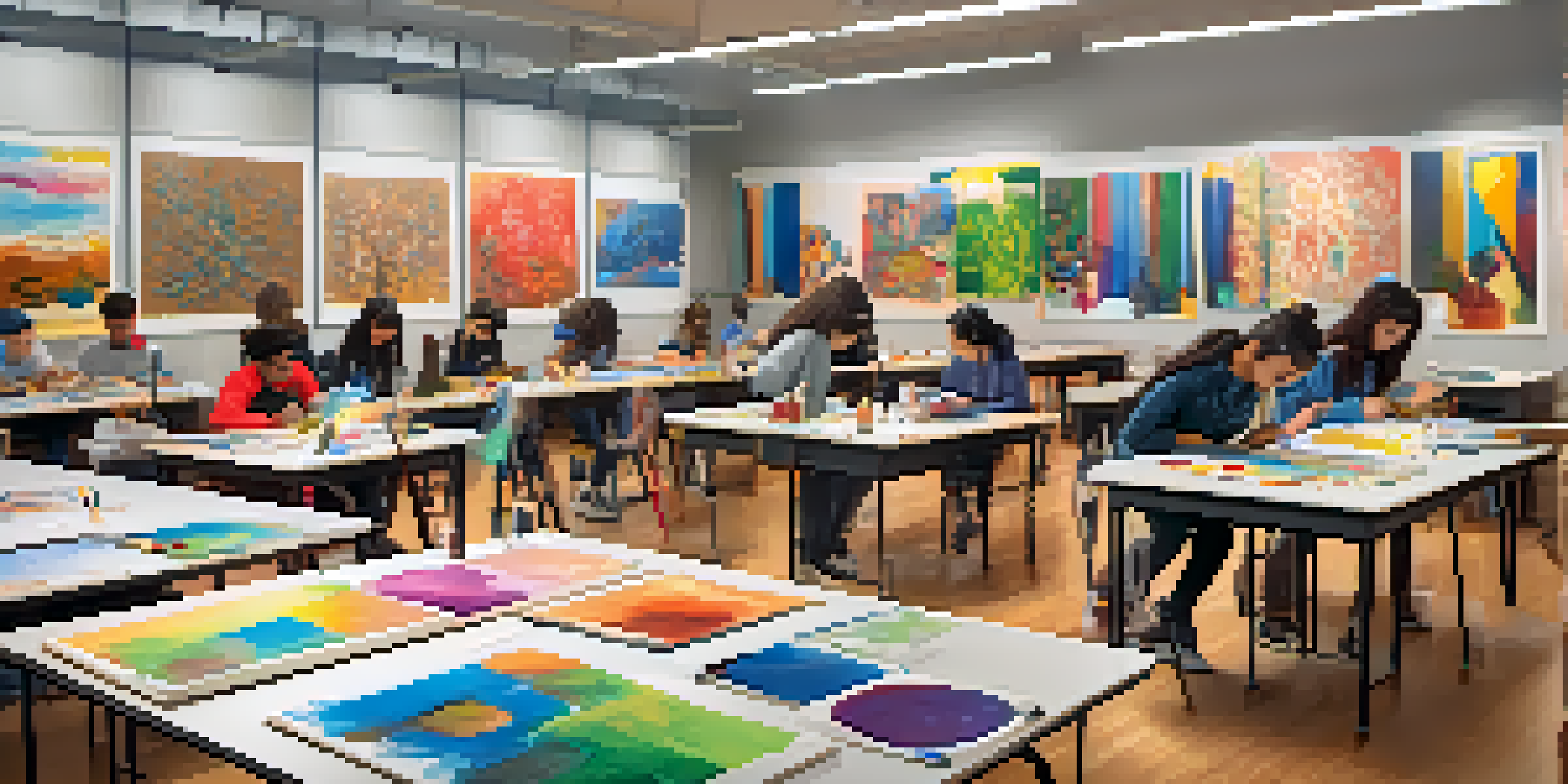 A lively art classroom with students of different backgrounds engaged in creative projects, surrounded by colorful artworks.