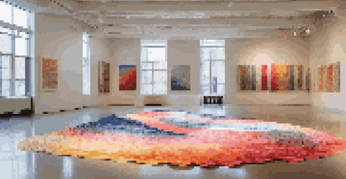 An installation art piece made of recycled fabric, creating waves of color in a bright gallery with sunlight filtering through windows.