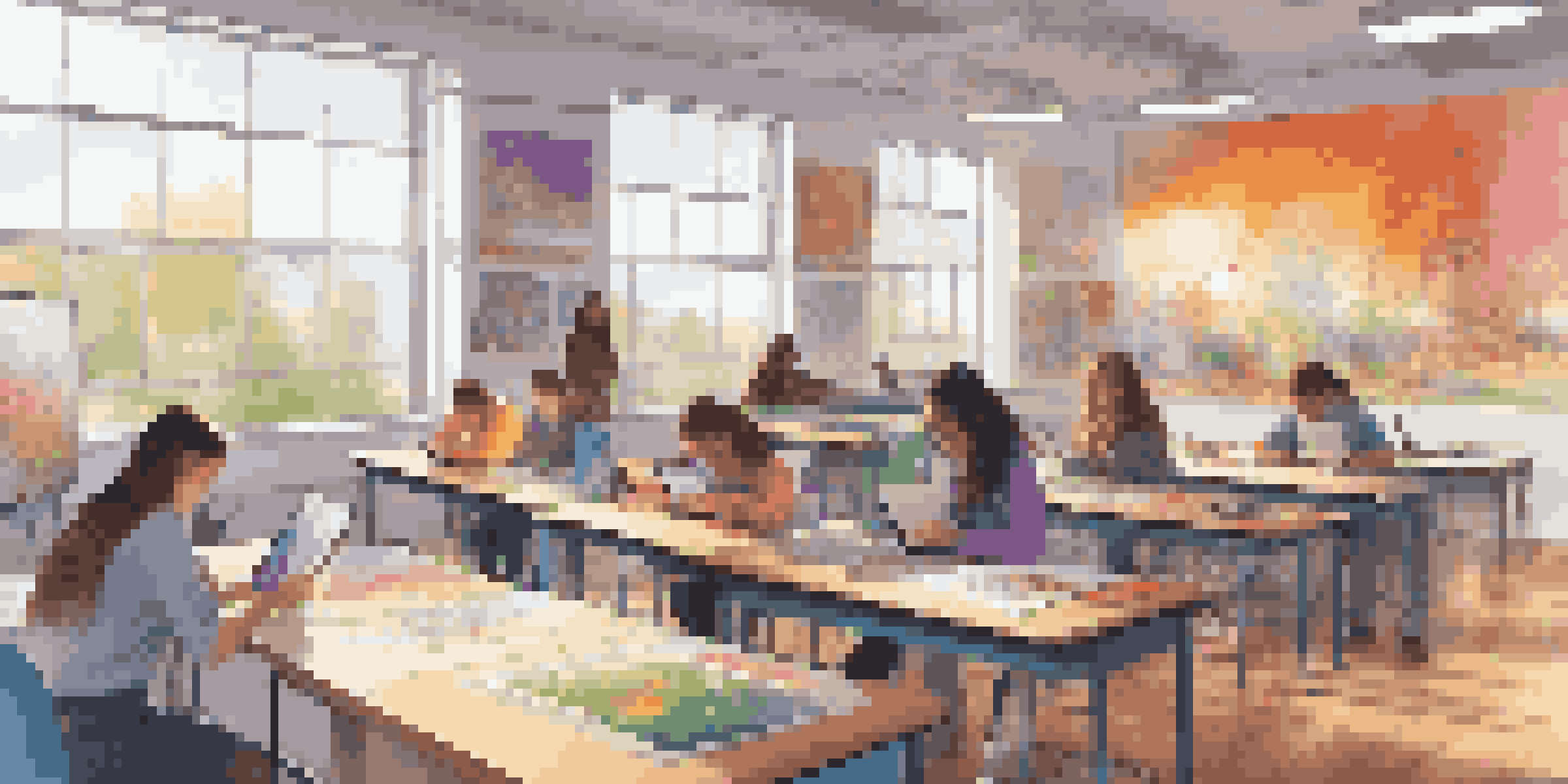 A digital art classroom with students using tablets and laptops, surrounded by colorful artwork.
