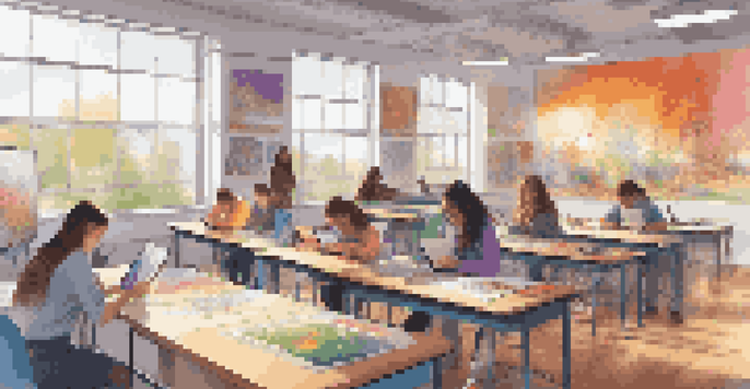 A digital art classroom with students using tablets and laptops, surrounded by colorful artwork.