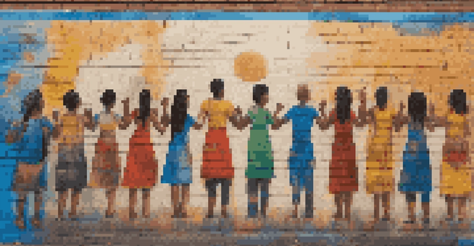A colorful mural on a brick wall showing diverse individuals holding hands, representing unity and social justice.