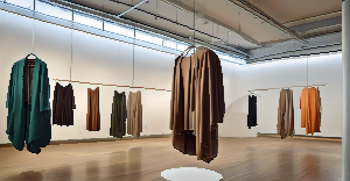 A gallery space with oversized garments hanging from the ceiling, made of sustainable materials in earthy tones and vibrant colors, illuminated by soft lighting.