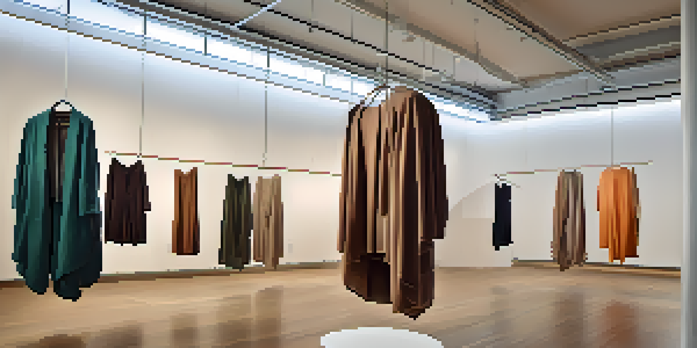 A gallery space with oversized garments hanging from the ceiling, made of sustainable materials in earthy tones and vibrant colors, illuminated by soft lighting.