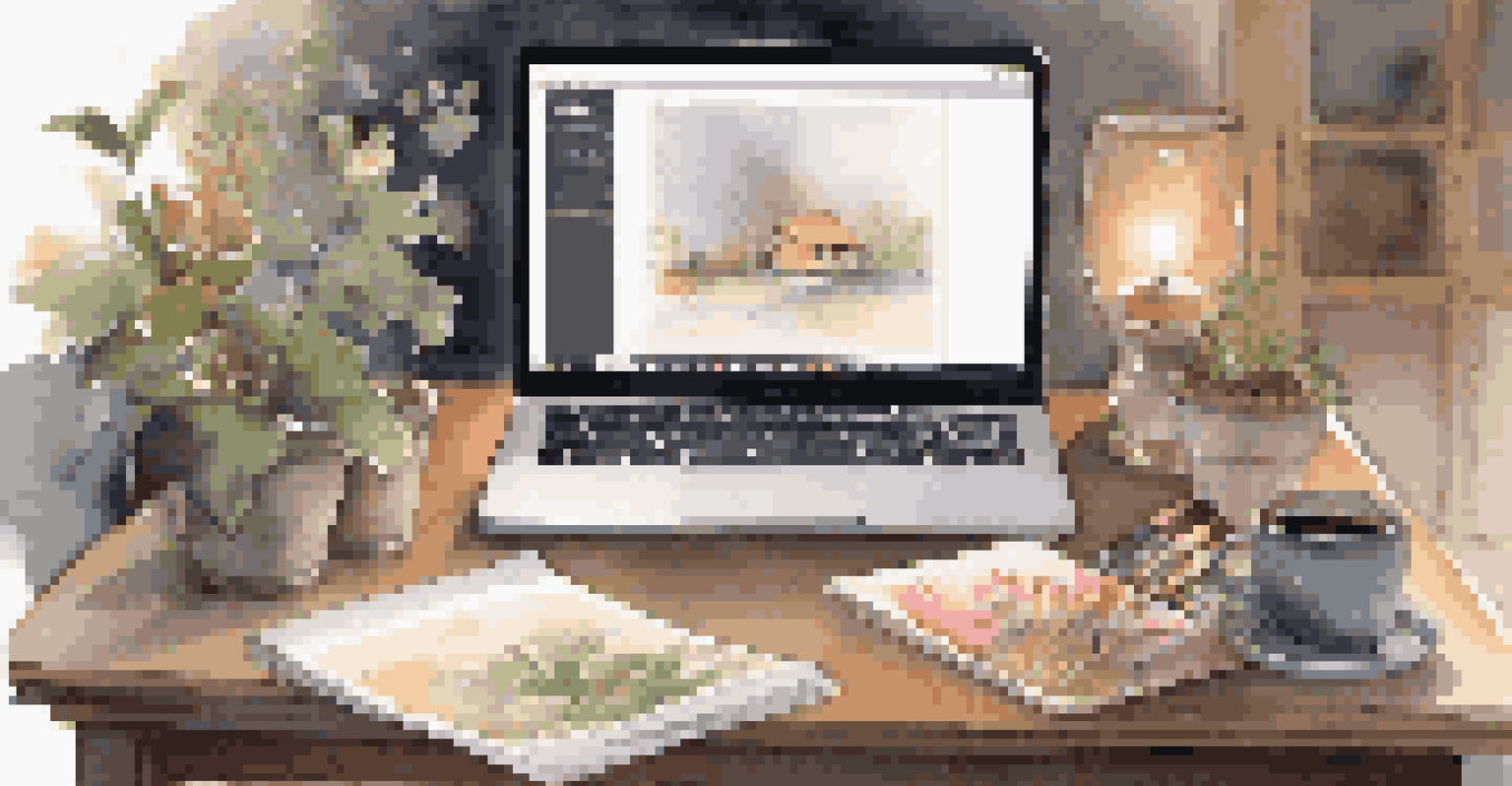 A peaceful virtual art workshop setup with a laptop, art supplies, and a cozy ambiance, highlighting a watercolor painting in progress.