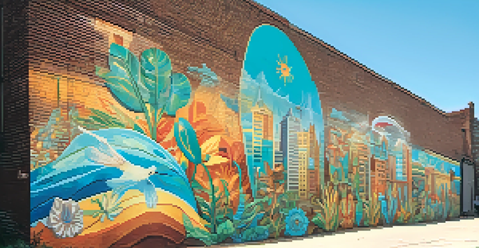 A colorful mural on a brick building showcasing cultural symbols and local landmarks, illuminated by sunlight.
