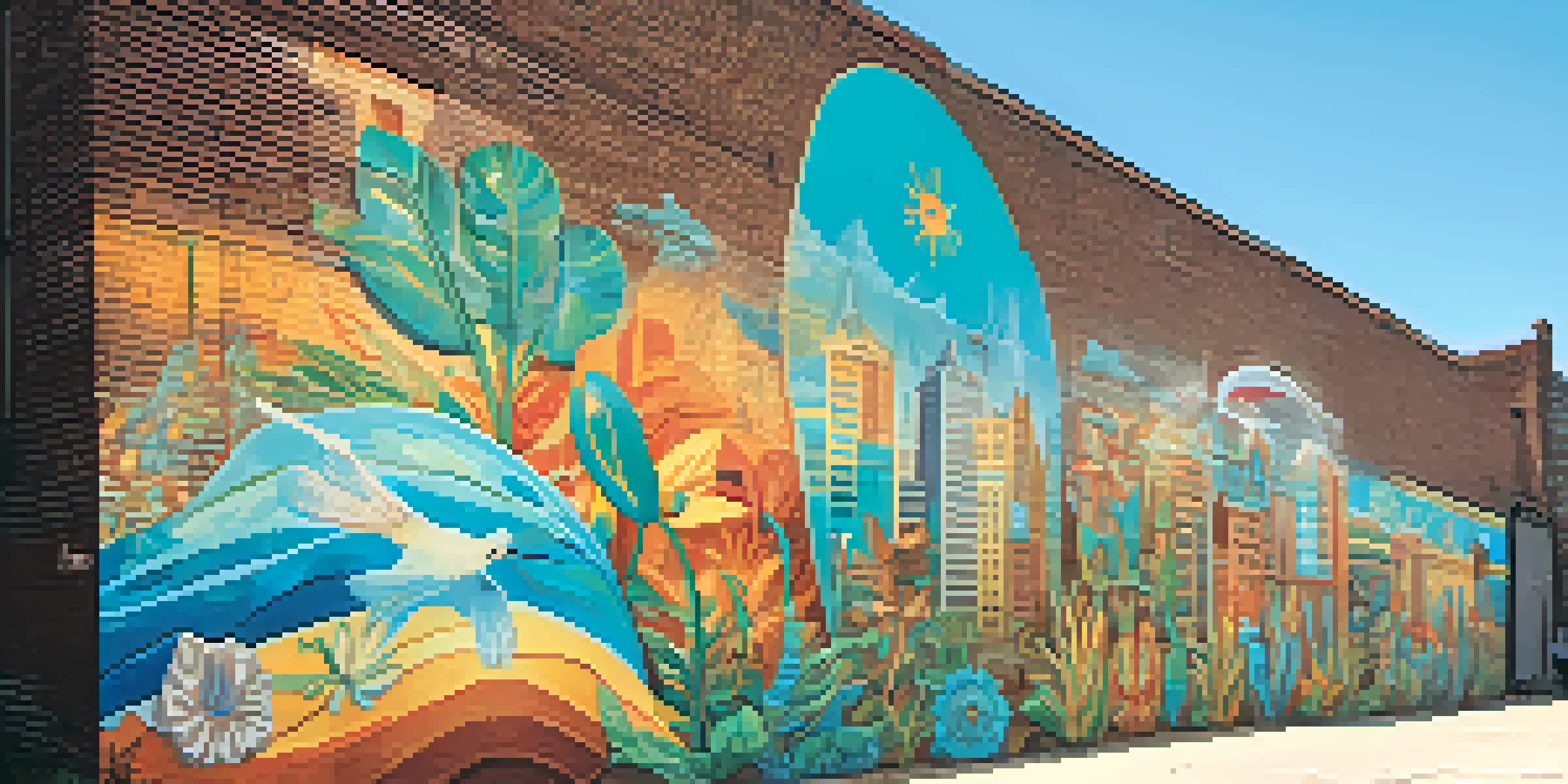 A colorful mural on a brick building showcasing cultural symbols and local landmarks, illuminated by sunlight.