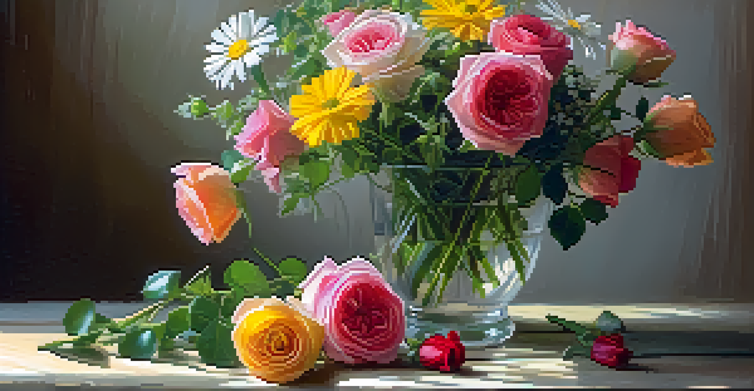 A still life of a glass vase with fresh flowers on a wooden table, illuminated by sunlight.