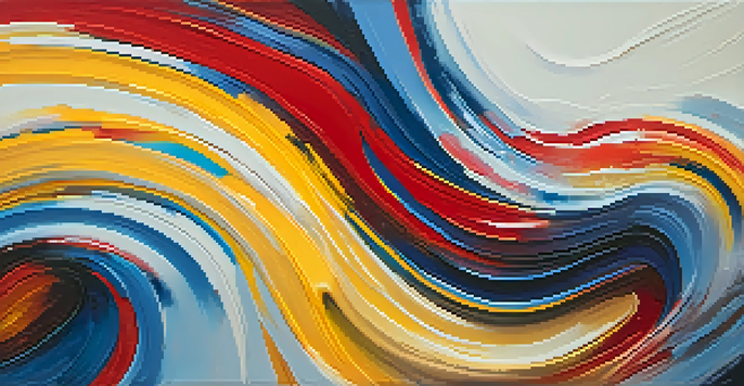 An abstract painting filled with vibrant colors like red, yellow, and blue, featuring thick brush strokes and a soft gradient background.