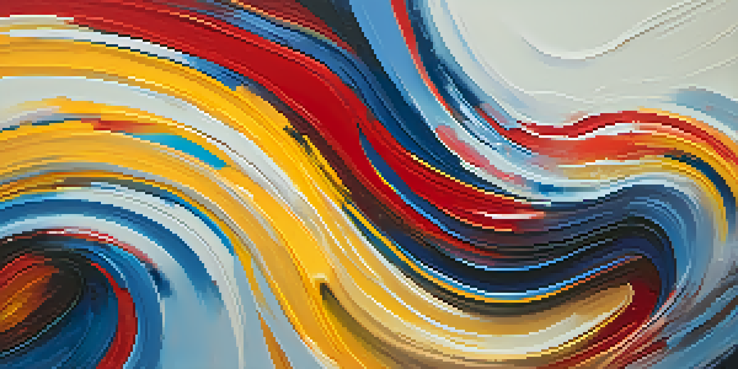 An abstract painting filled with vibrant colors like red, yellow, and blue, featuring thick brush strokes and a soft gradient background.