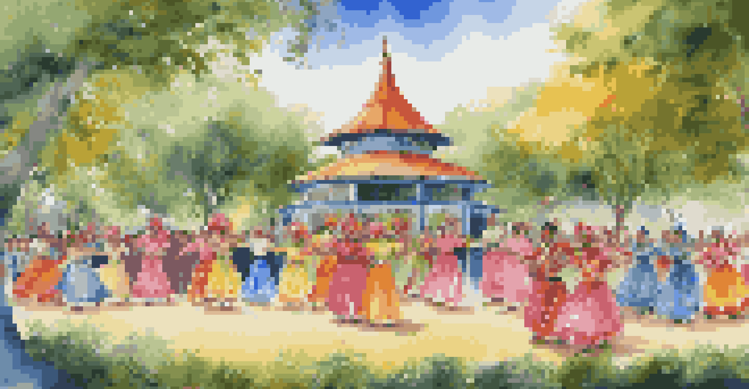 Performers in colorful traditional costumes dancing in a park, with an engaged audience watching the vibrant performance.