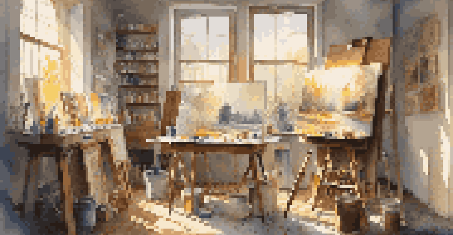 An artist's studio with canvases, paint supplies, and sunlight streaming through the window, highlighting a half-finished painting on an easel.