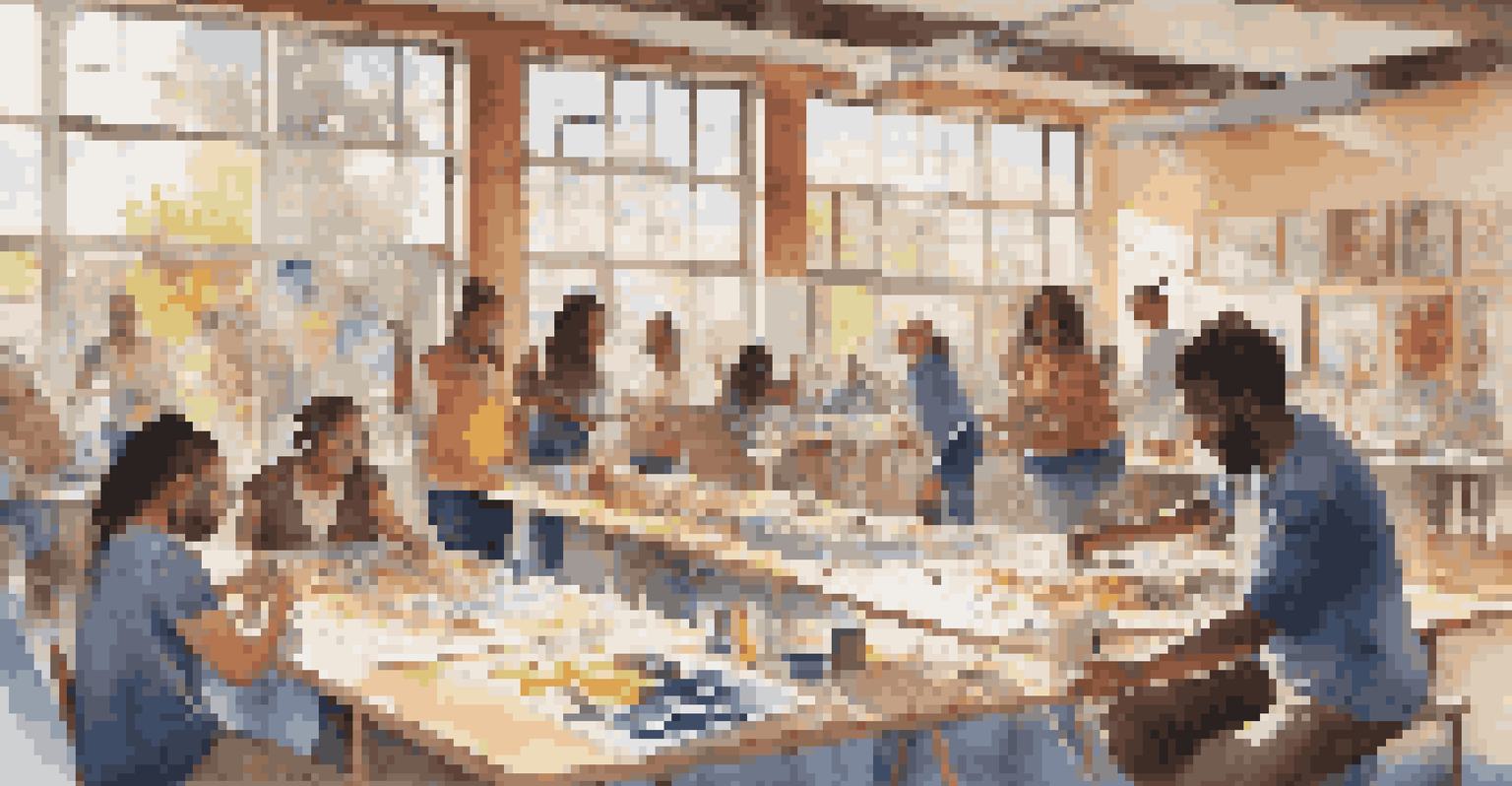 A community art project showing diverse individuals collaborating on creative works, with colorful art supplies and sunlight creating a warm atmosphere.