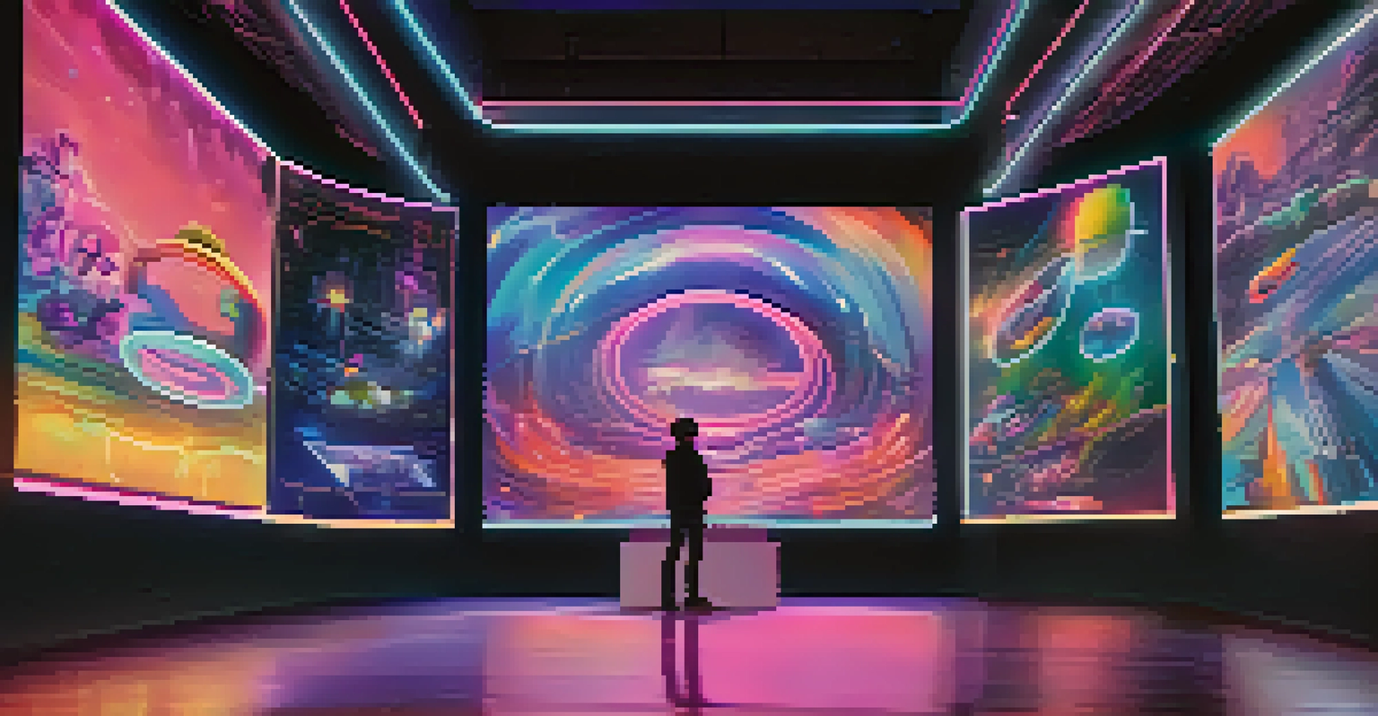 A futuristic scene with artists using virtual reality to interact with holographic displays of colorful digital art in a neon-lit environment.