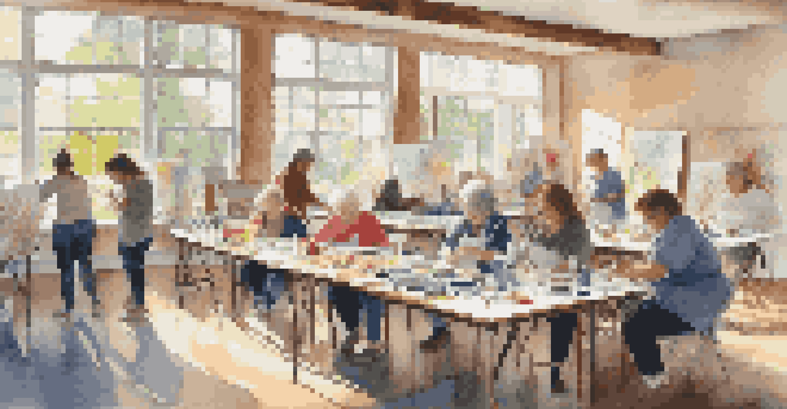 A community art center with people engaged in a collaborative painting workshop, filled with natural light and art supplies.