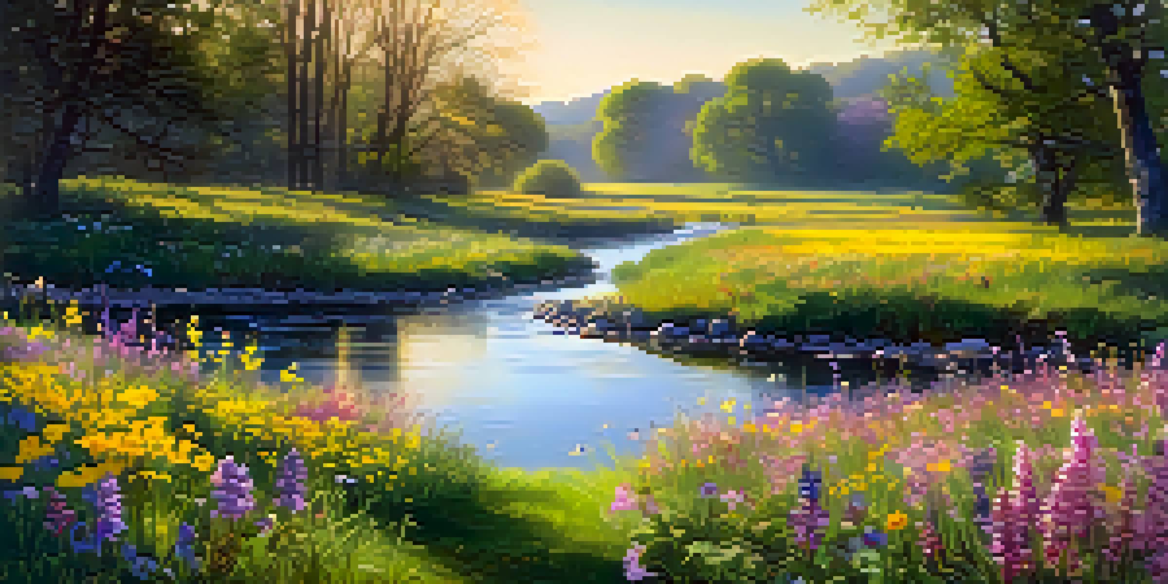 A vibrant spring meadow with blooming wildflowers, a gentle stream, and butterflies under a bright blue sky.