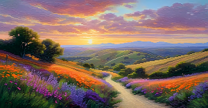 A serene landscape with a vibrant sunset, rolling hills, and colorful wildflowers in the foreground.