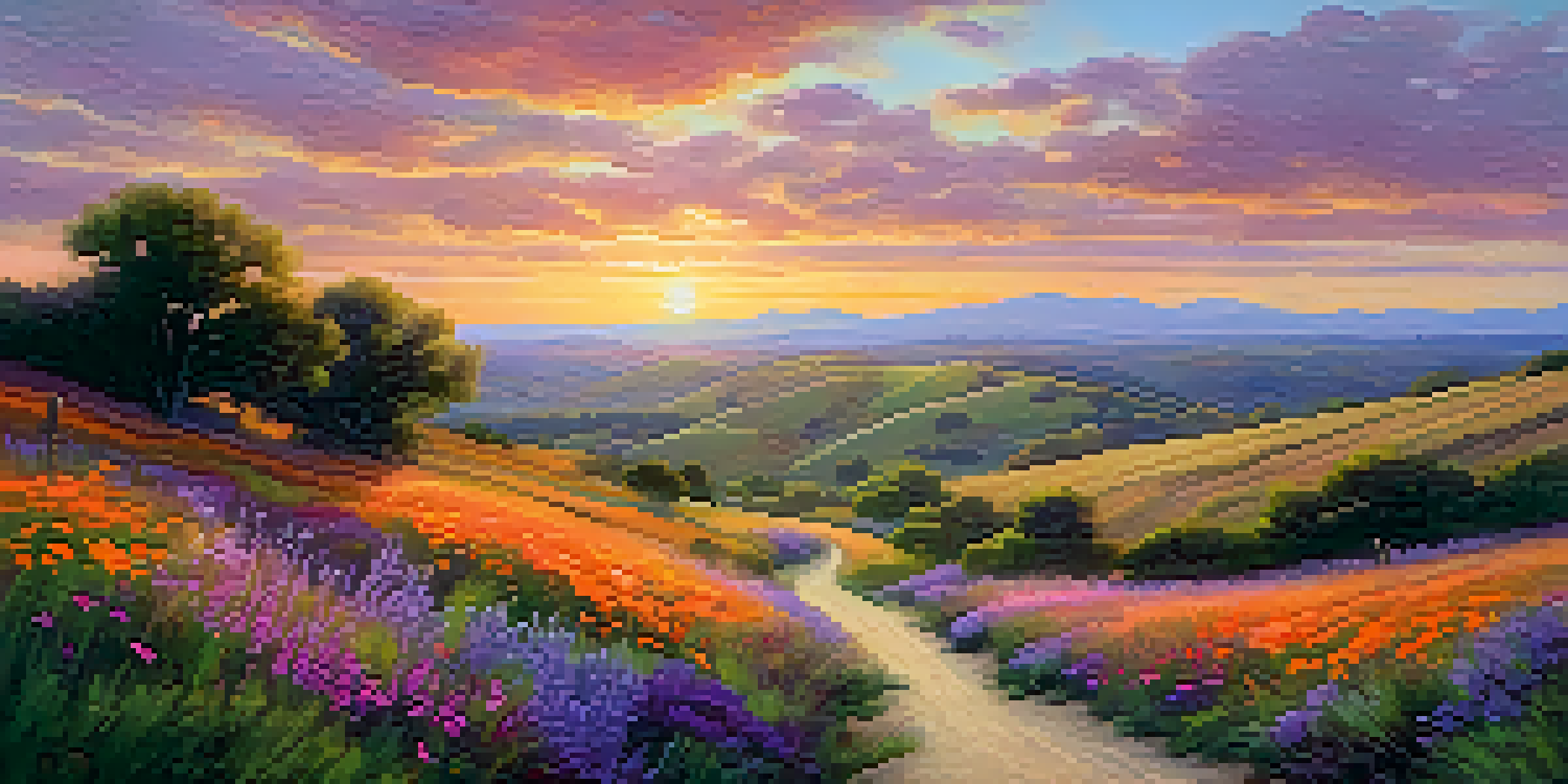 A serene landscape with a vibrant sunset, rolling hills, and colorful wildflowers in the foreground.