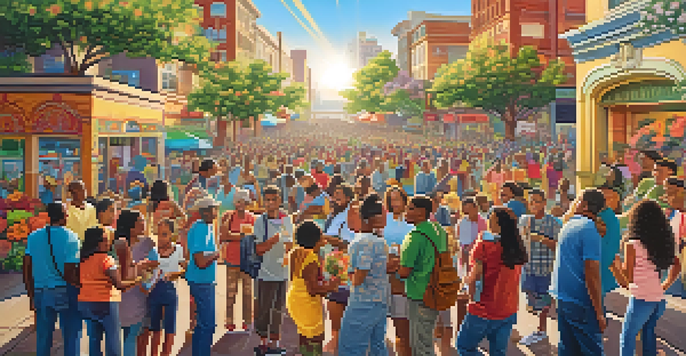 A colorful mural showing a diverse group of people interacting in a lively urban setting, surrounded by greenery and flowers.