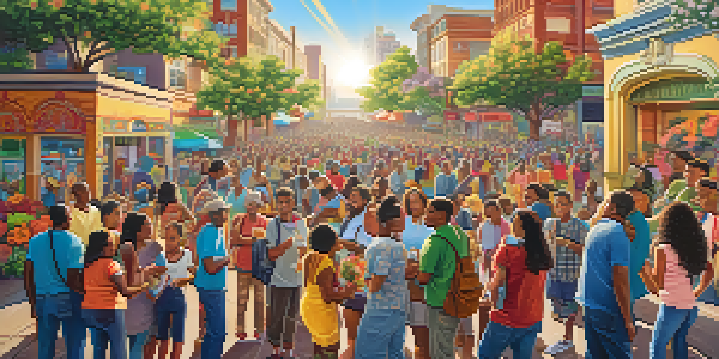 A colorful mural showing a diverse group of people interacting in a lively urban setting, surrounded by greenery and flowers.