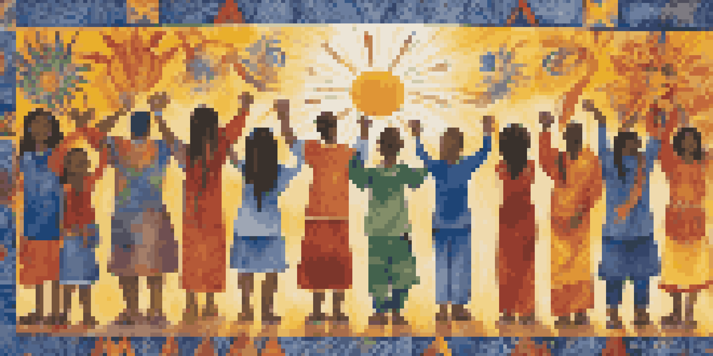 A colorful community mural showing diverse people holding hands, symbolizing unity and resilience, with bright colors and intricate details.