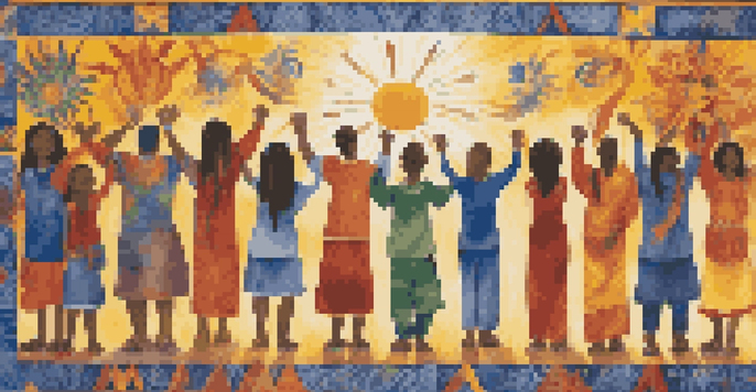 A colorful community mural showing diverse people holding hands, symbolizing unity and resilience, with bright colors and intricate details.