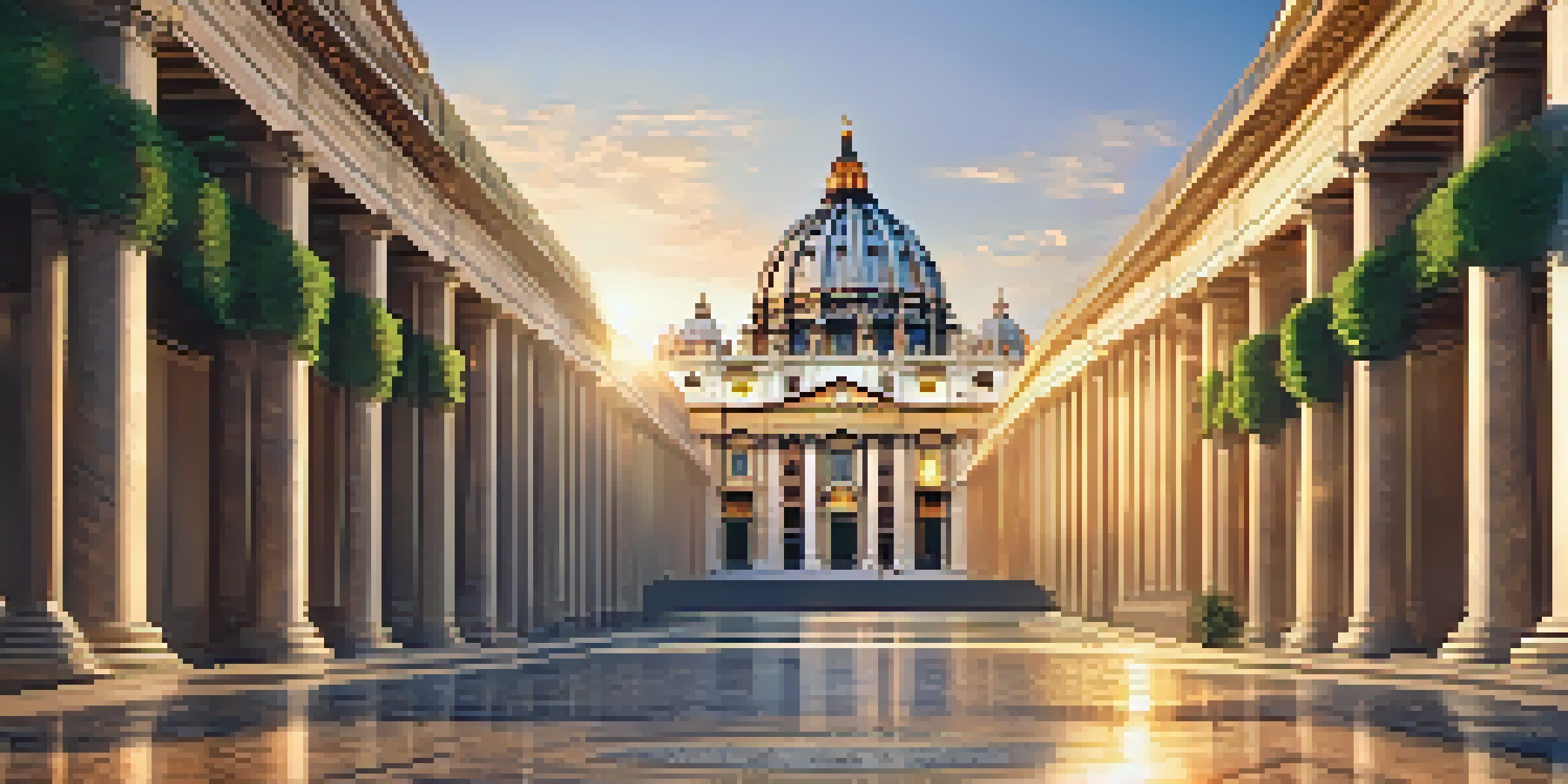 A sunrise view of St. Peter's Basilica, with golden light illuminating the dome and intricate facade, surrounded by greenery and soft shadows on the plaza.