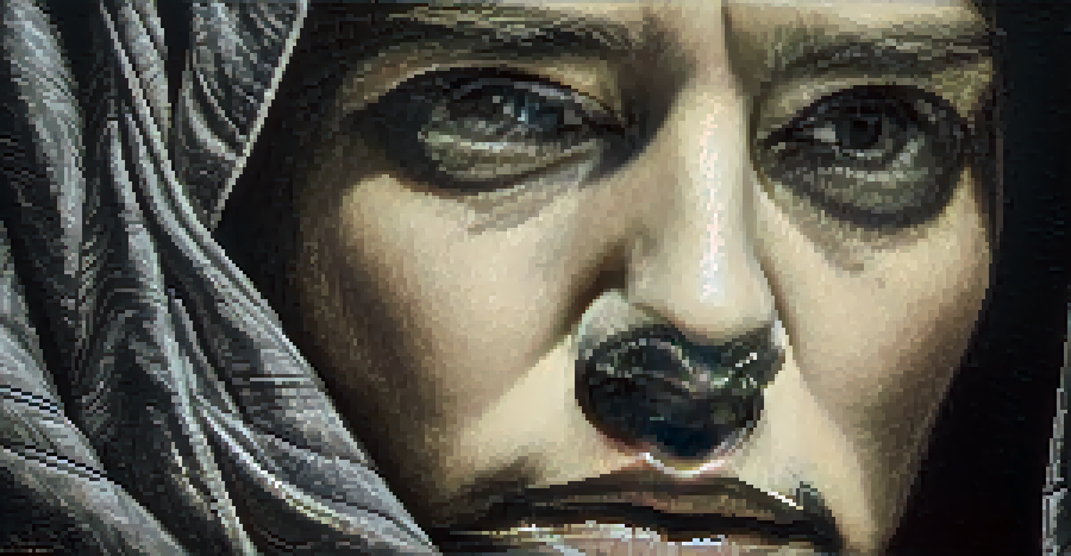 A black-and-white portrait of a person looking contemplative, with a focus on emotions.