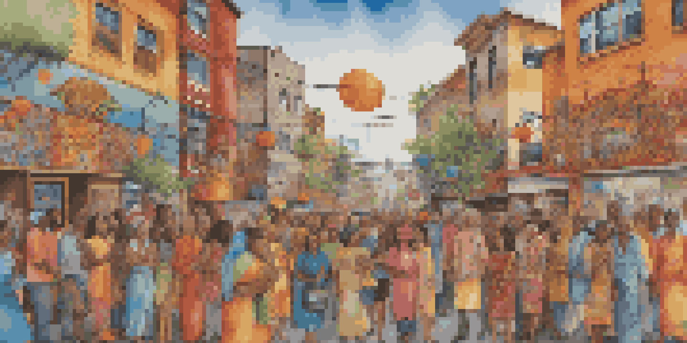 A colorful mural on a city wall showing diverse individuals celebrating together, surrounded by various cultural symbols and patterns.