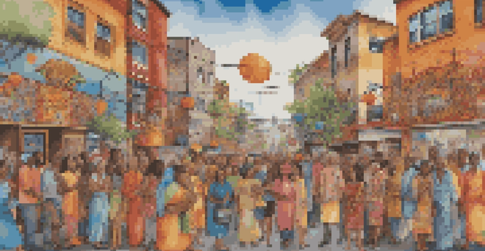 A colorful mural on a city wall showing diverse individuals celebrating together, surrounded by various cultural symbols and patterns.